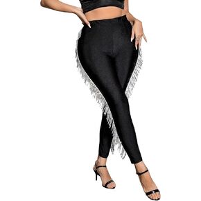 Women's Fringe Pants Elastic High Waisted Leggings Plus Size Sparkly Tassels Side Skinny Pant Clubwear