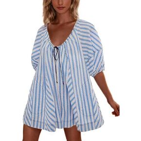 ثوب فضفاض صيفي مخطط للنساء من KEOMUD موضة 2024 فضفاض غير رسمي منتفخ وأكمام قصيرة ورقبة واسعة وأرجل قصيرة بذلة in Kuwait