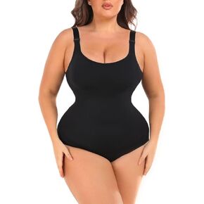 Plus Size Bodysuit Tummy Control Sleeveless Tank Top Built in Bust Support Black Shapewear for Curvy Women