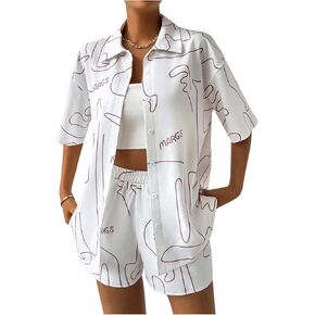 Verdusa Women's 2 Piece Outfit Button Down Oversized Blouse Top and Shorts Set