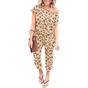 Paintcolors Women's Casual Off Shoulder Elastic Waist Stretchy Leopard Print Long Romper Jumpsuit