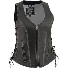 Milwaukee Leather Women's Standard MLL4531 Grey Open Neck Leather Vest, Distressed Gry, XL