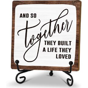 Home Desk Decor Sign, Rustic Wooden Sign With Stand, And So Together They Built A Life They Loved Sign For Farmhouse Home Living Room Bedroom Shelf Table, Coffee Lover Gifts For Family Friend