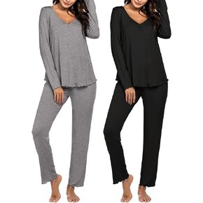 Ekouaer Womens 2 Pack Pajama Set Long Sleeve Pajamas Top and Pants V Neck Pjs Set Soft Sleepwear Loungewear S-XXL