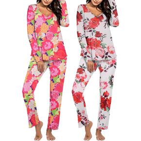 Ekouaer Womens 2 Pack Pajama Set Long Sleeve Pajamas Top and Pants V Neck Pjs Set Soft Sleepwear Loungewear S-XXL
