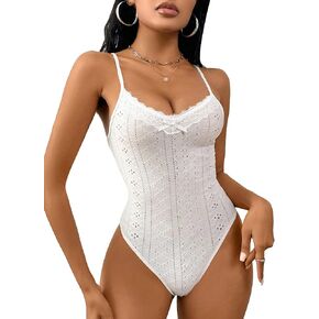 SweatyRocks Women's Contrast Lace Cami Bodysuit Sleeveless Eyelet Embroidery Jumpsuits