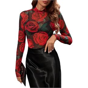 Women's Rose Print Sheer Mesh Bodysuit Mock Neck Long Sleeve See Through Bodysuits