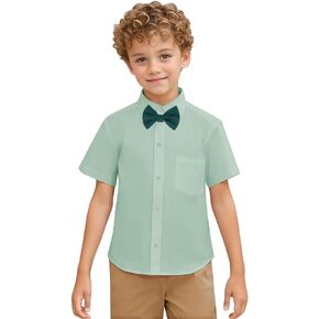 DISAUR Boys Dress Shirts Boy Button Down Shirt Short Sleeve Removable Bow Tie Button Up White Formal Graduation 6-10 Size