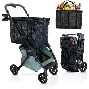 Personal Luxury Folding Shopping Cart On Premium Wheels – Ultra Lightweight Aluminum Frame – Removable Shopping Bag with Carry Strap & Lower Grocery Storage 75Lbs Capacity (Shadow v2)