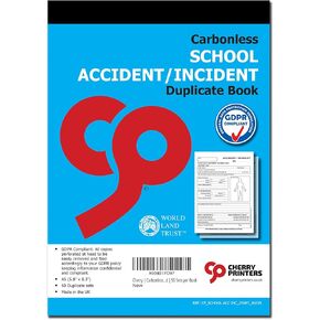 Cherry | Carbonless NCR | School Accident/Incident Book for Pupils | Duplicate | A5 (148 x 210 millimetres) Loose Leaf Writing Shield included | 50 Sets per Book
