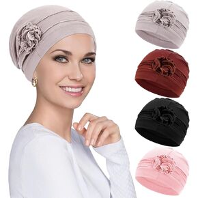 4 Pieces Chemo Headwear Turbans Cap Beanie Hat Head Wraps Hair Coverings for Women Sleep Cap Chemo Cancer Hat with Flower Design (4 Colors)
