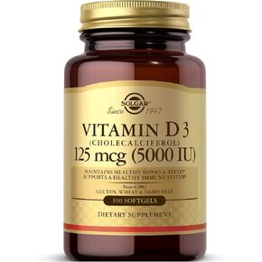 Solgar Vitamin D3 (Cholecalciferol) 125 MCG (5000 IU), 100 Softgels - Helps Maintain Healthy Bones & Teeth - Immune System Support - Non GMO, Gluten Free, Dairy Free - 100 Servings