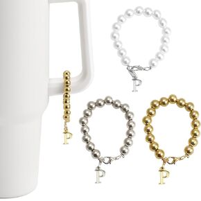 3Pcs Pearl Chains with Letter Charms Accessories for Cup, Gold, Silver, White Initial Chain Charms for Bottle, Water Bottle Handle