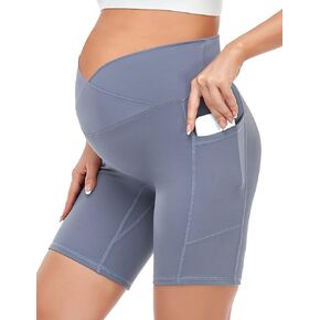 HOFISH Women's Maternity Yoga Shorts Over The Belly Summer Workout Running Active Short Pants with Pockets Grey M 8''