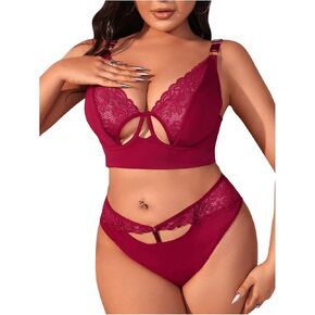 MakeMeChic Women's Plus Size Floral Lace Lingerie Sets Cut Out V Neck Underwire Matching Bra and Panty Sets