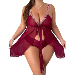 OYOANGLE Women's Plus Size 2 Piece Floral Lingerie Set Sheer Open Front Chemise and Panty Sets