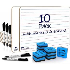 Scribbledo 10 Pack Double Sided Whiteboards Lined Dry Erase Board for Kids Ruled Writing Board Handwriting Practice for Kids Small White Board Dry Erase Boards Lines 9x12 Student 10 Dry Erase Markers