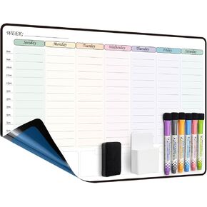 Weekly Dry Erase Calendar with time,self Adhesive Stick on Non-Magnetic Stainless Fridge & Glass & Wall & Wooden (Any Smooth Surface),Family Calendar,Schedule Board,to Do List