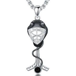 Hockey Necklace 925 Sterling Silver Obsidian Hockey Pendant Necklace Hockey Club Sports Jewelry for Men Women Hockey Sport Lovers