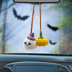 Crochet Car Mirror Hanging Accessories, Halloween Pumpkin and Ghost Cute Car Accessories for Women Teen Handmade Knitted Rear View Mirror Accessories