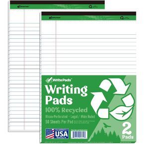 Legal Pads 8.5 x 11 White Note Pads, Wide Ruled Writing Pads, 50 Sheets Per Notepad, Recycle Paper,2 Pack, Micro perforated Paper Pads, Made In USA