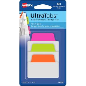 Avery Multiuse Ultra Tabs, 2" x 1.5", 2-Side Writable, Neon Pink/Green/Orange, 48 Repositionable Tabs (74756)