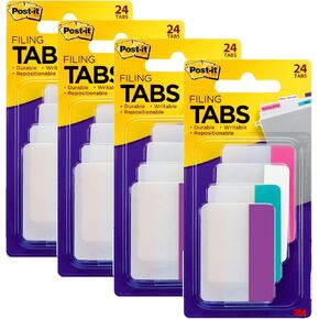 Post-it Filing Tabs, 2 x 1.5, Solid Assorted Colors, Pack of 4