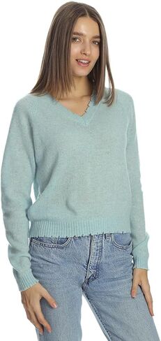 Minnie Rose Women's Long Sleeve Cotton Cashmere Frayed Edge V-Neck Sweater in Kuwait