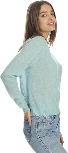Minnie Rose Women's Long Sleeve Cotton Cashmere Frayed Edge V-Neck Sweater in Kuwait