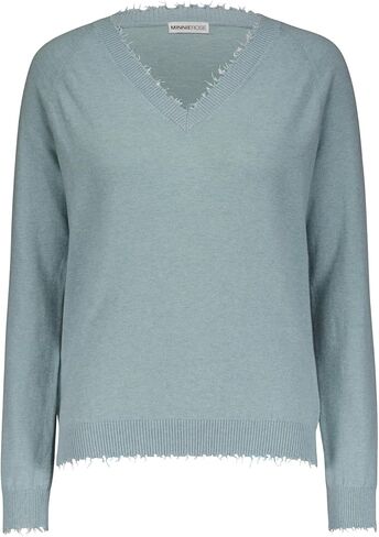 Minnie Rose Women's Long Sleeve Cotton Cashmere Frayed Edge V-Neck Sweater in Kuwait