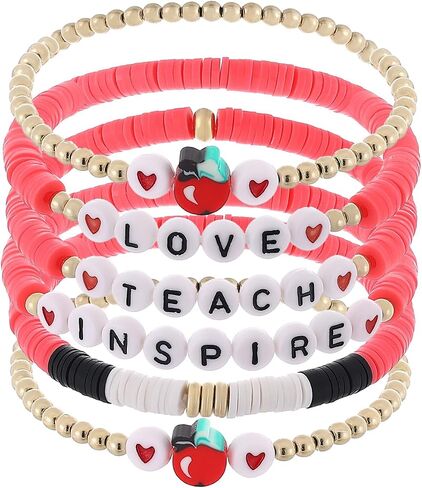 Cooluckday Teacher Bracelets Teacher Appreciation Stackable Stretch Bracelet Love Teach Inspire Clay Bracelets Preppy Jewelry Teacher Gifts in Saudi Arabia