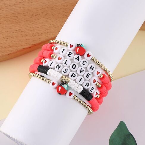 Cooluckday Teacher Bracelets Teacher Appreciation Stackable Stretch Bracelet Love Teach Inspire Clay Bracelets Preppy Jewelry Teacher Gifts in Saudi Arabia