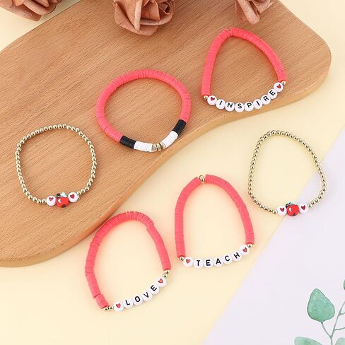 Cooluckday Teacher Bracelets Teacher Appreciation Stackable Stretch Bracelet Love Teach Inspire Clay Bracelets Preppy Jewelry Teacher Gifts in Saudi Arabia
