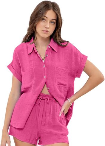 August Sky Women's Button Down Shirts - Folded Short Sleeve Lightweight Top with Chest Pockets in Saudi Arabia