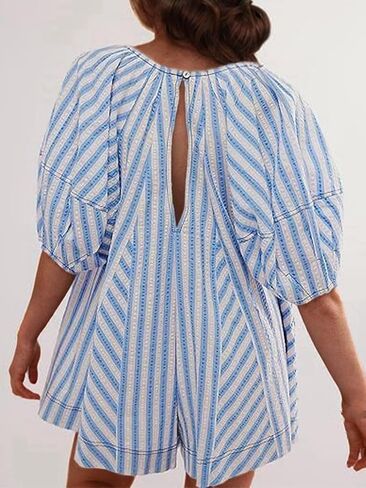 ثوب فضفاض صيفي مخطط للنساء من KEOMUD موضة 2024 فضفاض غير رسمي منتفخ وأكمام قصيرة ورقبة واسعة وأرجل قصيرة بذلة in Kuwait