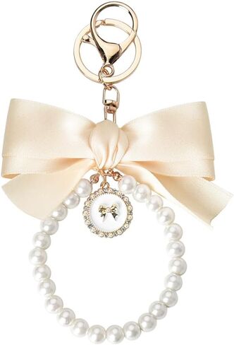 Pearl Bow Keychain Wistlet for Girls Women Bow Pearl Keychains Pink Black Beige in Saudi Arabia