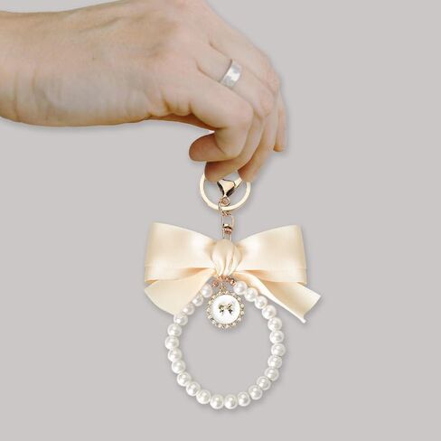 Pearl Bow Keychain Wistlet for Girls Women Bow Pearl Keychains Pink Black Beige in Saudi Arabia