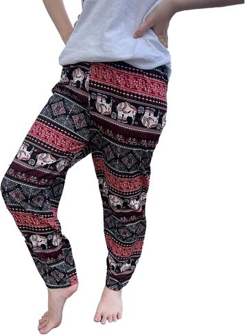 Trendy Thai Elephant Trousers - Elastic Waist with Drawstring - Women Animal Print Pants in Saudi Arabia