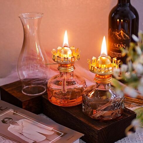 2 Pcs Chamber Oil Lamps for Indoor Use, Carving Flower Glass Kerosene Lamp Home Decorative Color Hurricane Lamp Oil Lantern Classic Vintage Clear Oil Lamp for Tabletop Decor Lighting in Saudi Arabia