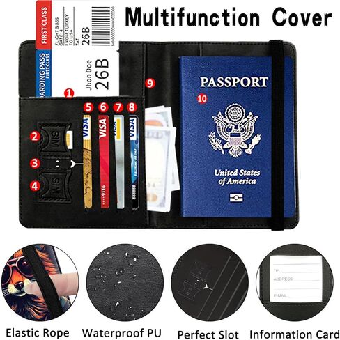 حامل جواز السفر مع مجموعة بطاقات الأمتعة، غطاء جواز السفر مع حجب RFID، محفظة جواز السفر متعددة الفتحات، حامل مستندات السفر من الجلد المقاوم للماء للنساء والرجال، حافظة جواز سفر مضحكة على شكل قطة سوداء in Kuwait