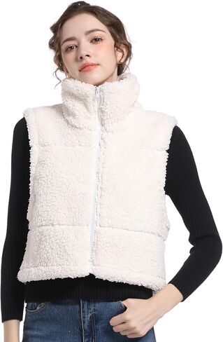 V VOCNI Womens Sherpa Fleece Vest Fuzzy Crop Vest Casual Sleeveless Jacket Zipper Waistcoat Outwear in Kuwait