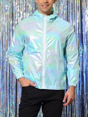 Lars Amadeus Men's Metallic Jacket Lightweight Zip Up Holographic Shiny Hooded Jackets in Saudi Arabia