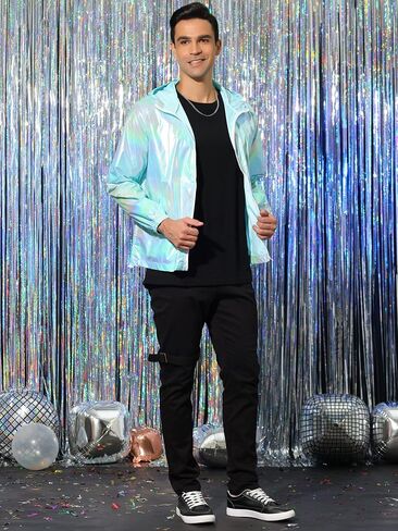 Lars Amadeus Men's Metallic Jacket Lightweight Zip Up Holographic Shiny Hooded Jackets in Saudi Arabia