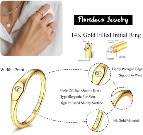 Florideco 14K الذهب معبأ خاتم الذهب الحلقة الأولية لذيذ الذهب بسيط رسالة الفرقة خواتم الخاتم تكويم الخنصر الأبجدية رقيقة الذهب خواتم الإبهام للنساء غير تشويه حجم 6 7 8 9 10 in Saudi Arabia