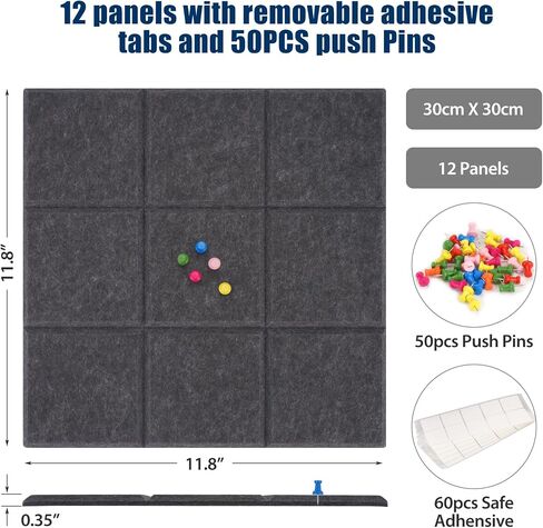 Large Cork Board Alternative-Felt Wall Tiles with Secure Removable Adhesive Tabs and Push Pins Bulletin Pin Boards Tiles for Home Office Classroom Wall Decoration (Light Grey, 12 Pack) in Saudi Arabia