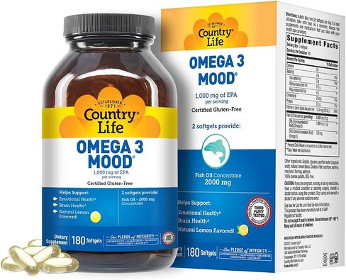 Country Life Omega 3 Mood، 2000 ملغ من زيت السمك مع EPA وDHA، 90 كبسولة هلامية، خالية من الغلوتين معتمدة in Saudi Arabia