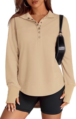 PRETTYGARDEN Women's Fall Fashion Button Up Sweatshirt Long Sleeve V Neck Loose Fit Casual Trendy Going Out Pullover Tops in Saudi Arabia