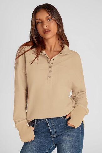 PRETTYGARDEN Women's Fall Fashion Button Up Sweatshirt Long Sleeve V Neck Loose Fit Casual Trendy Going Out Pullover Tops in Saudi Arabia
