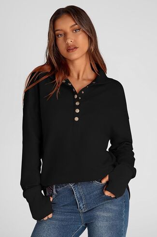 PRETTYGARDEN Women's Fall Fashion Button Up Sweatshirt Long Sleeve V Neck Loose Fit Casual Trendy Going Out Pullover Tops in Saudi Arabia