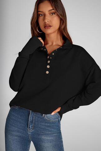 PRETTYGARDEN Women's Fall Fashion Button Up Sweatshirt Long Sleeve V Neck Loose Fit Casual Trendy Going Out Pullover Tops in Saudi Arabia